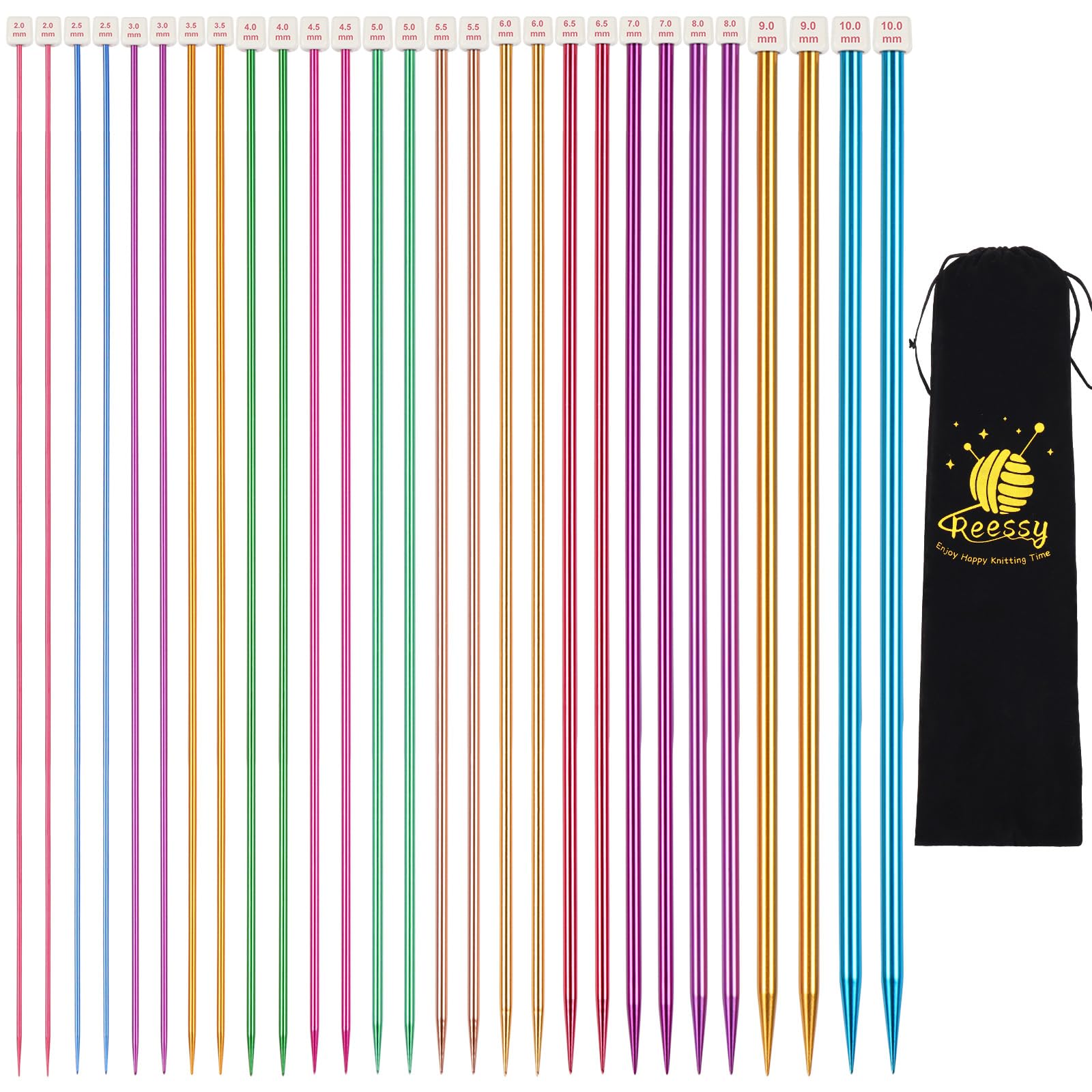 Reessy, Set di Ferri da Maglia Colorati - Lunghezza 35 cm, 28 Pezzi / 14 Coppie, Ferri da Maglia Singoli in Alluminio da 2 mm a 10 mm, Ferri da Maglia Lunghi, Dritti in Metallo con Morbida Valigetta