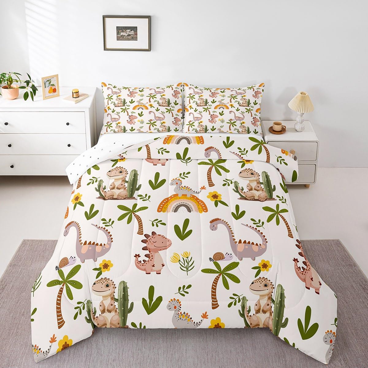 Erosebridal Dinosaur Comforter Set Kawaii Room Decor,Palm Tree Flowers Cute Rainbow Bedding Set for Kids Girls Boys,Khaki Gray Dinosaurs Cartoon Dinos