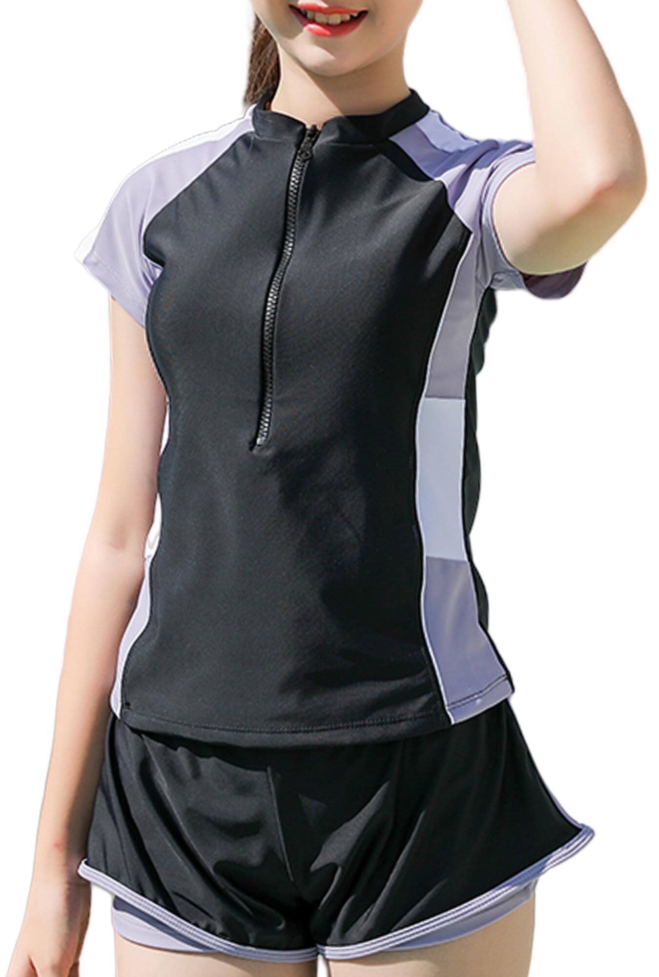 Happy Cherry Girls Short Sleeve Swimsuit Front Zip Sun Protection Bathing Suit Surfing Swimming Suit