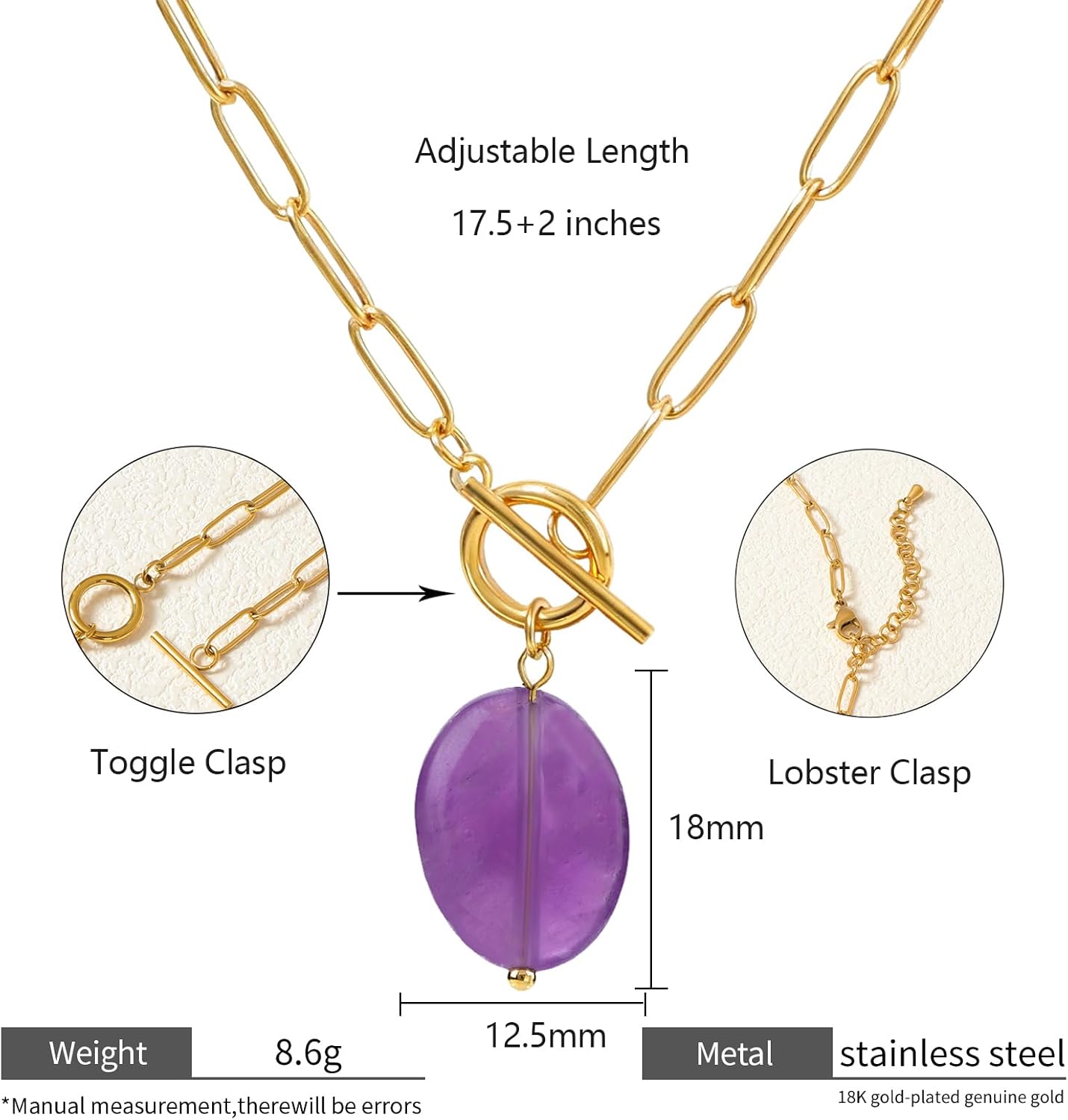 Pearl Gemstone Pendant Paperclip Toggle Necklace 18k Gold Plated Natural Pearl Stone Birthstone Chain Necklace Paperclip Jewelry Valentine's Day Gift for Women - Image 6