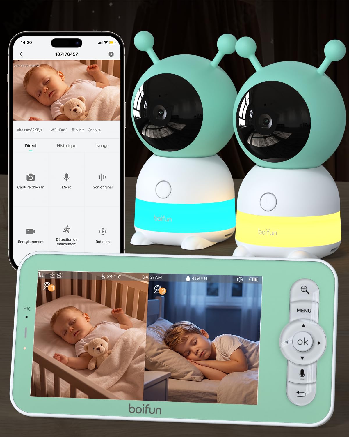 BOIFUN Baby Moniteur vidéo à écran divisé de 5 pouces, 2 caméras, écran 2K et caméra à 360° avec lumière de nuit, contrôle de l'application mobile et moniteur LCD, détection de mouvement et son AI