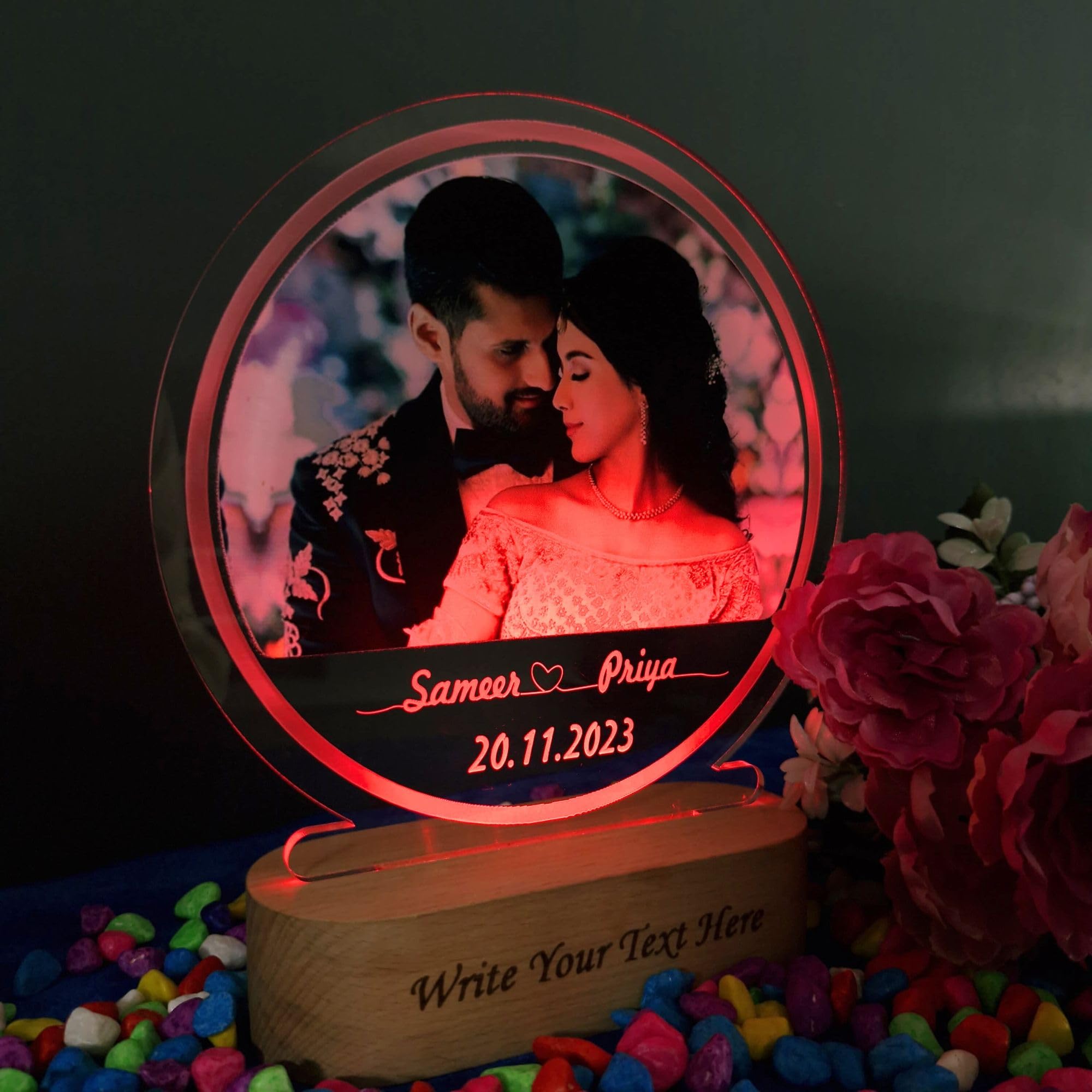 SHAYONA Personalized UV Printed Photo 3D Illusion LED Table Lamp for Couple Gift for Anniversary, Wedding, Marriage, Valentine Day- Your Wooden Base Text Egraved (Warm White) 4