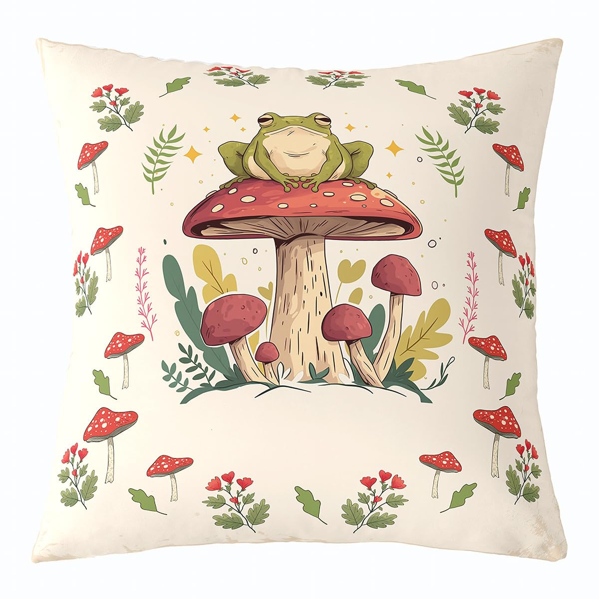 Feelyou Frog Print Pillow Case Cushion Cover Kids Kawaii Decor Throw Pillow Cover 18"x18" Frog Mushrooms Decorative Throw Pillowcase forBotanica Cute