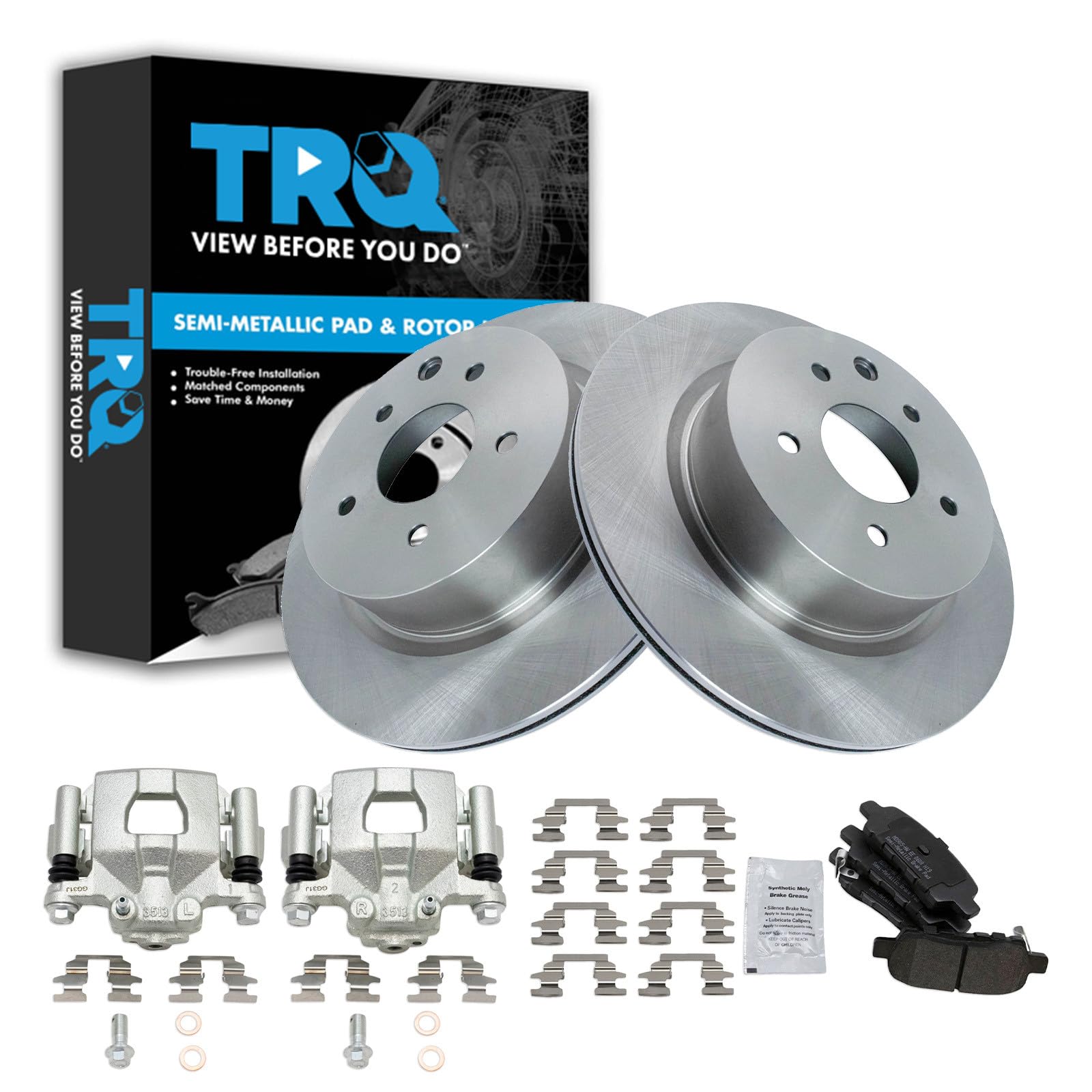 TRQ Rear Brake Pad and Rotor Set Semi Metallic Rotors Calipers Compatible with 2019-2020 Nissan Maxima
