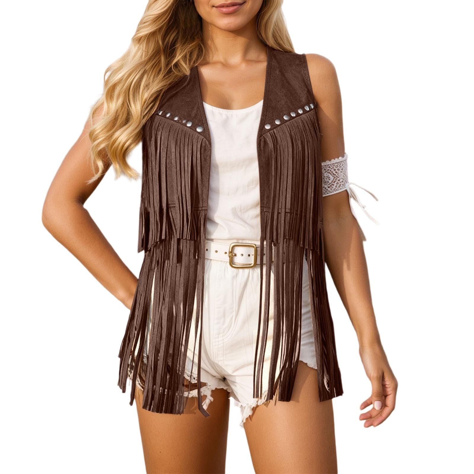 Chaleco con flecos informal chaqueta sin mangas abierta y ropa boho casual 5