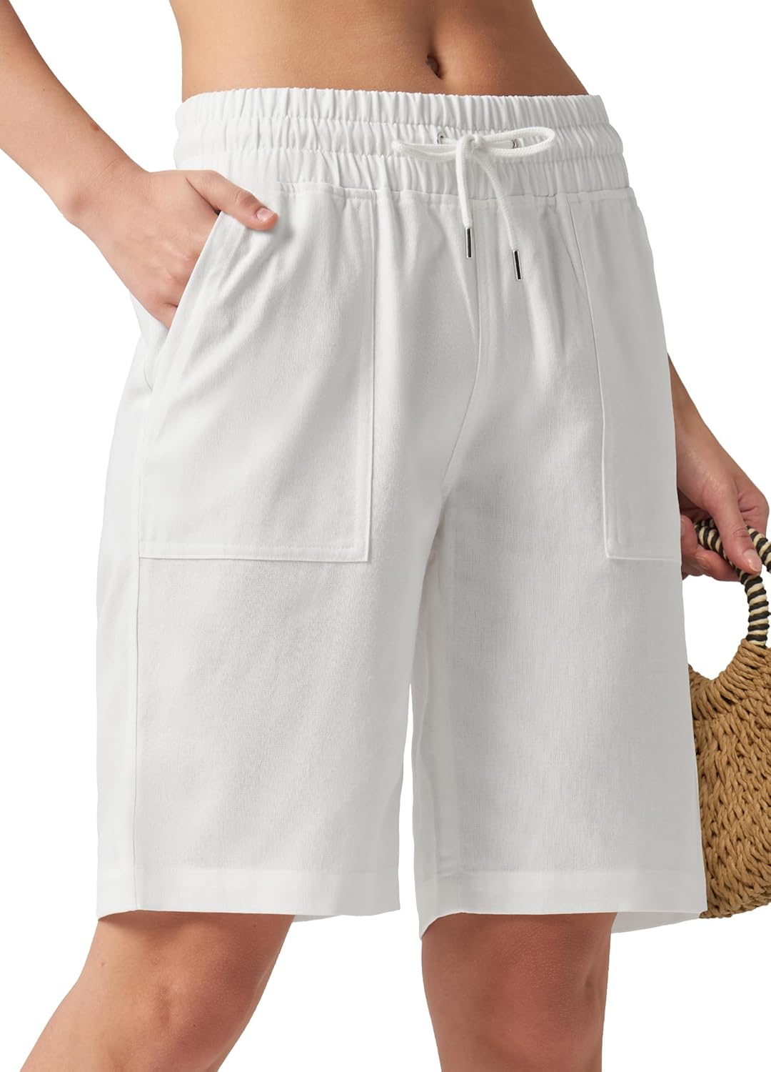 Women’s Linen Shorts Casual Bermuda Long Linen Beach Summer Shorts with Pockets High Waisted 10″
