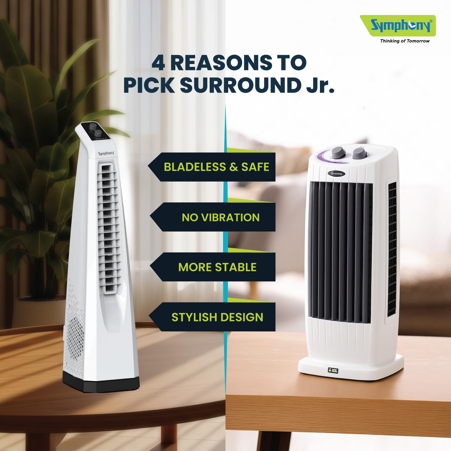 Symphony Surround JR Bladeless Tower Fan for Room | Quiet Personal Fan for Home & Office with 90° Oscillation & Turbo Throw | Knob Control | 1 Year Warranty | White 4