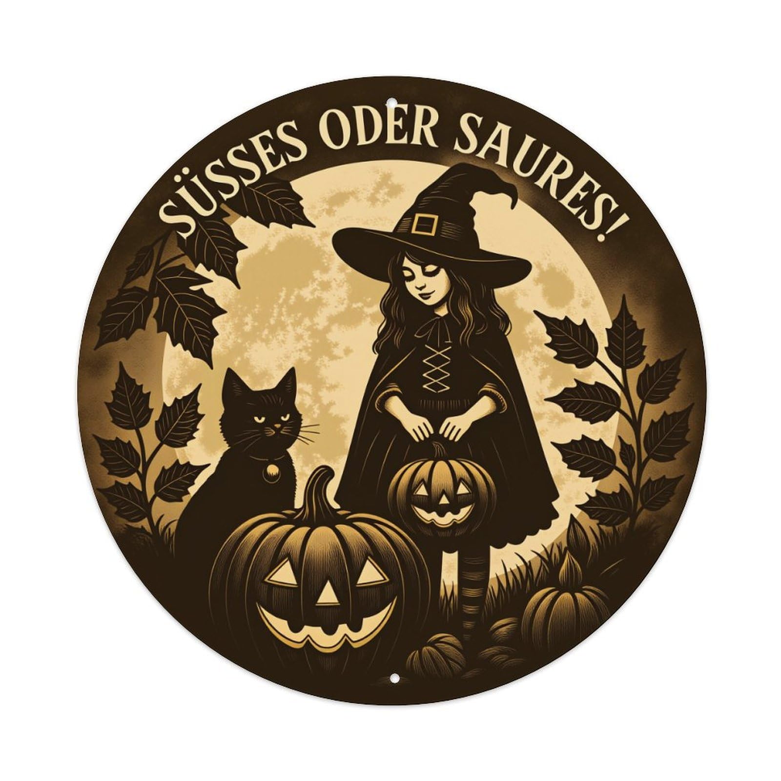 Witch Cat Pumpkin Moon Leaves Round Tin Sign Vintage Metal Poster Retro Bar, Home, Man Cave, Kitchen, Laundry Room Wall Art Decor Gift 8x8Inch