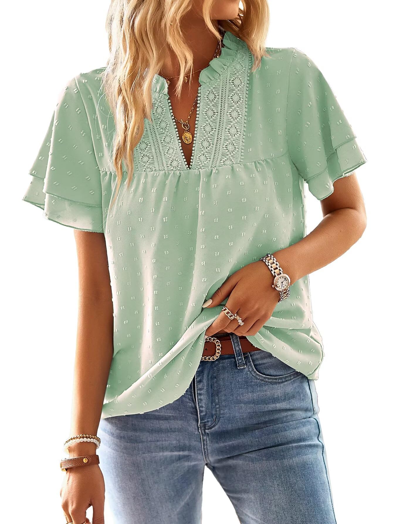 TUUHAW Top Damen Sommer Boho Bluse Kurzarm Oberteile Fließend Elegant V-Ausschnitt T Shirt Lässig Outfits Spitze Kleidung