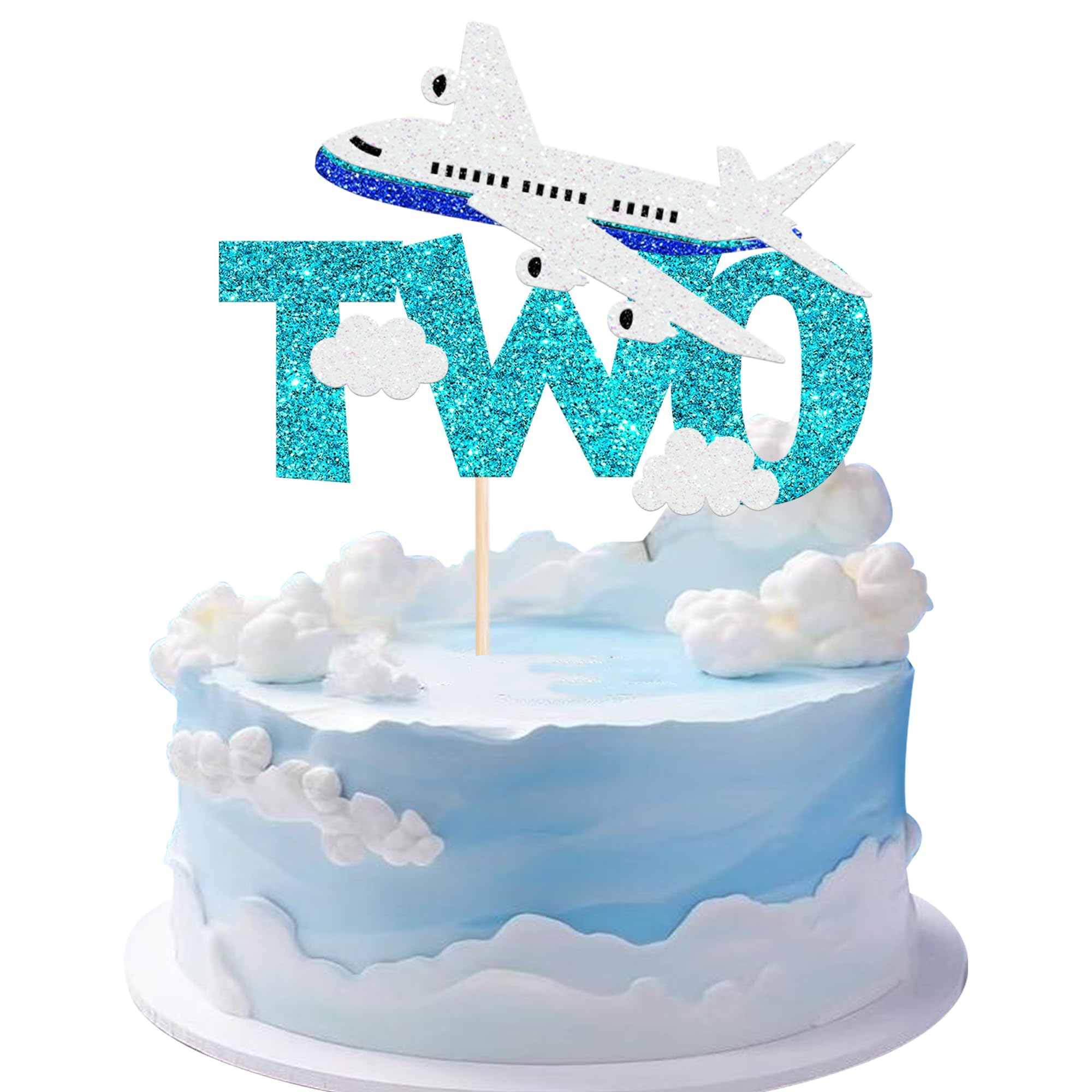 1 Pack Two Airplane Cake Topper Glitter Airplane Sign Oh How Time Files Cake Pick Second Birthday Cake Decorations for Plane Theme 2nd Year Old baby shower Birthday Party Supplies Blue White