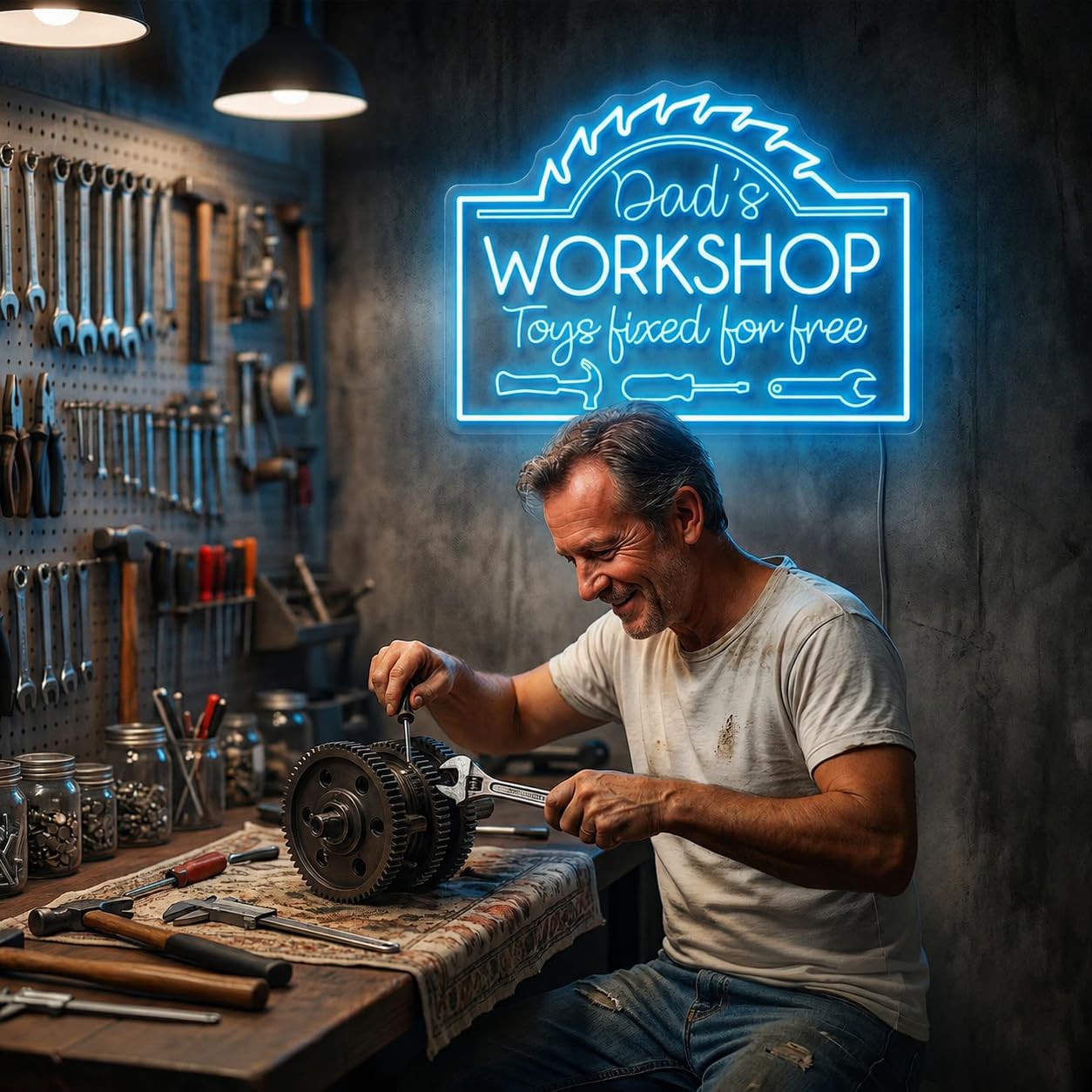 Targa al neon personalizzata con scritta "Dad's Workshop" per decorazione da parete, luce al neon per garage, sala hobby, officina, bar di casa, divertente regalo per la festa del papà per
