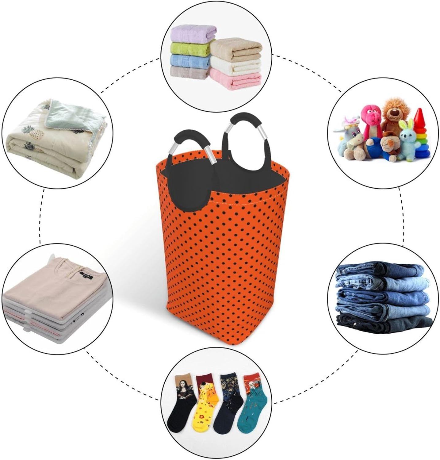 Large Laundry Basket, Orange and Black Dots Laundry Hamper Bag Collapsible Washing Bin With Handles for College Dorm, Family Essentials Storage