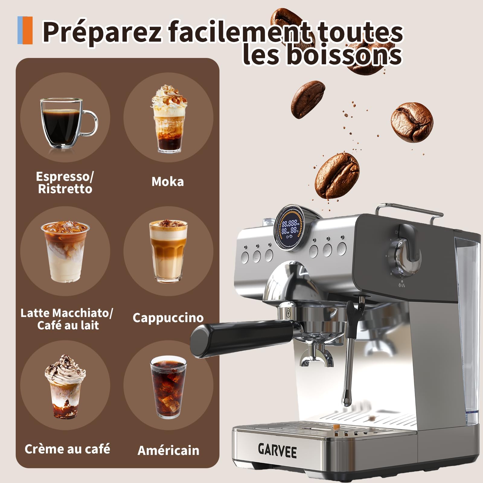 Machine à Café Expresso 20 Bars Semi-Auto Mousseur Lait Cuisine