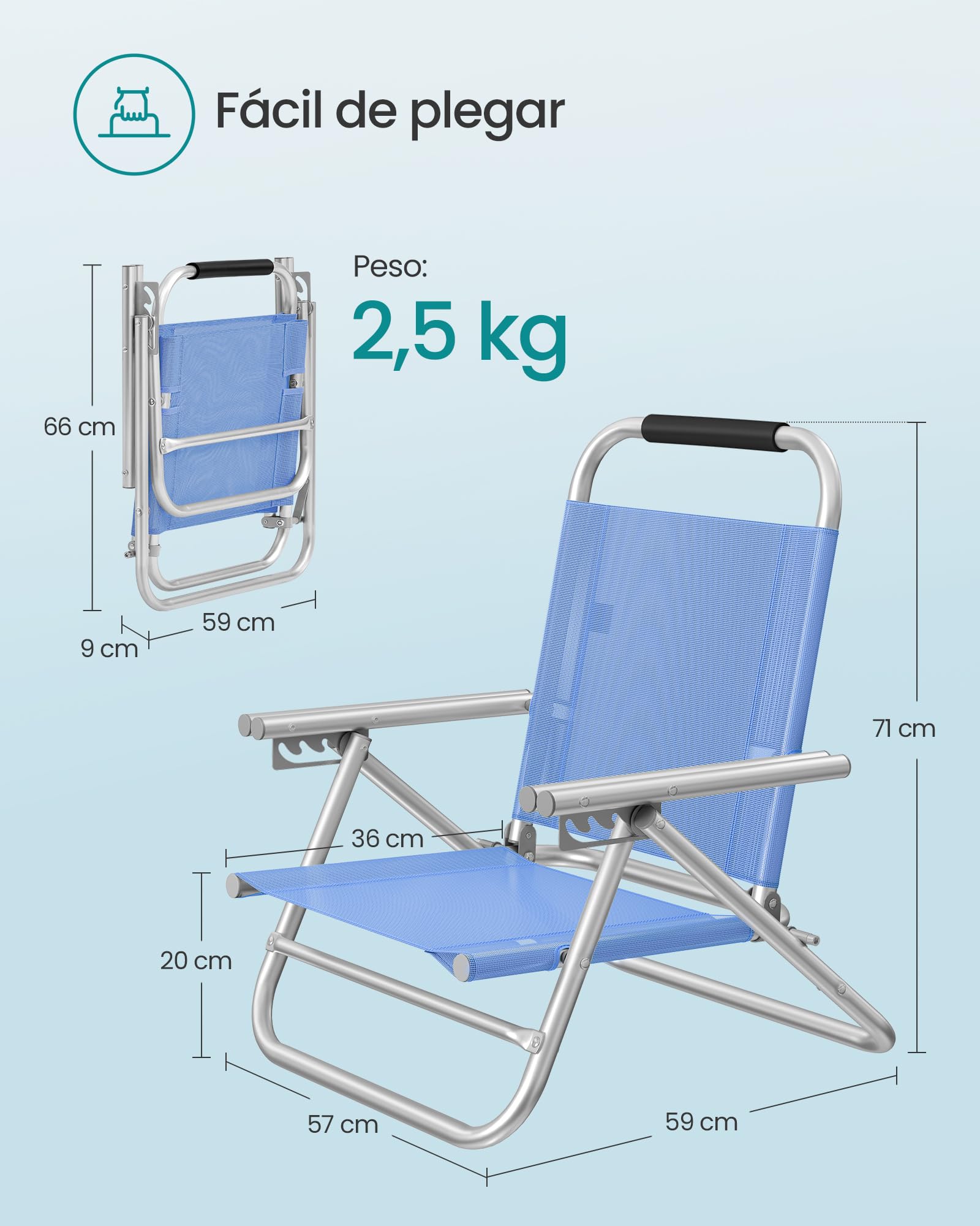 SONGMICS Silla de Playa, Plegable, Portátil, Respaldo Ajustable en 4 Niveles, con Reposabrazos, Transpirable y Cómoda, Taburete de Exterior, Azul GCB65BU