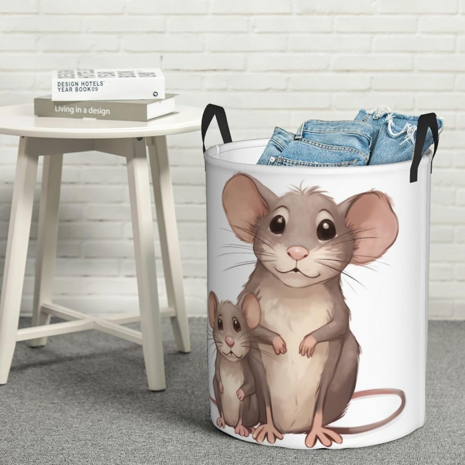 Mother And Child Rats Printed Laundry Hamper,Round Laundry Basket,Clothes Hamper With Handle,Collapsible Waterproof For Bedroom