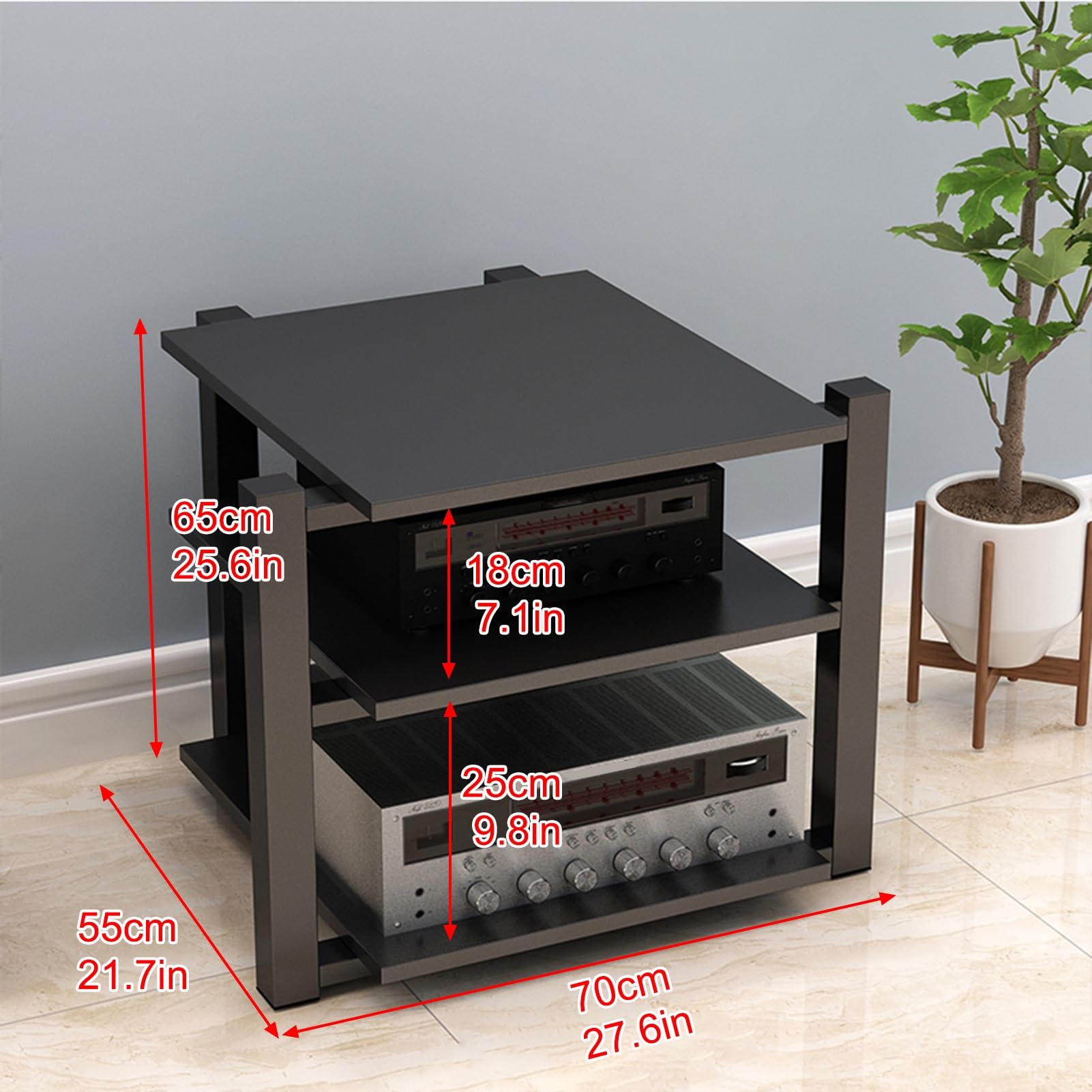 Mobiletto Audio AV - Supporto multimediale Stereo, Giradischi e Torre per componenti Audio per casa, Ufficio, teatro - Nero, 65 cm/25,6 Pollici - Soluzione di archiviazione Elegante e funzio
