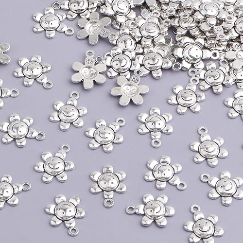 Miniatura 4 de 100 dijes de plata antigua con diseño de girasol sonriente de aleación de sol, flor, sonrisa, cara, colgantes, accesorios para manualidades,