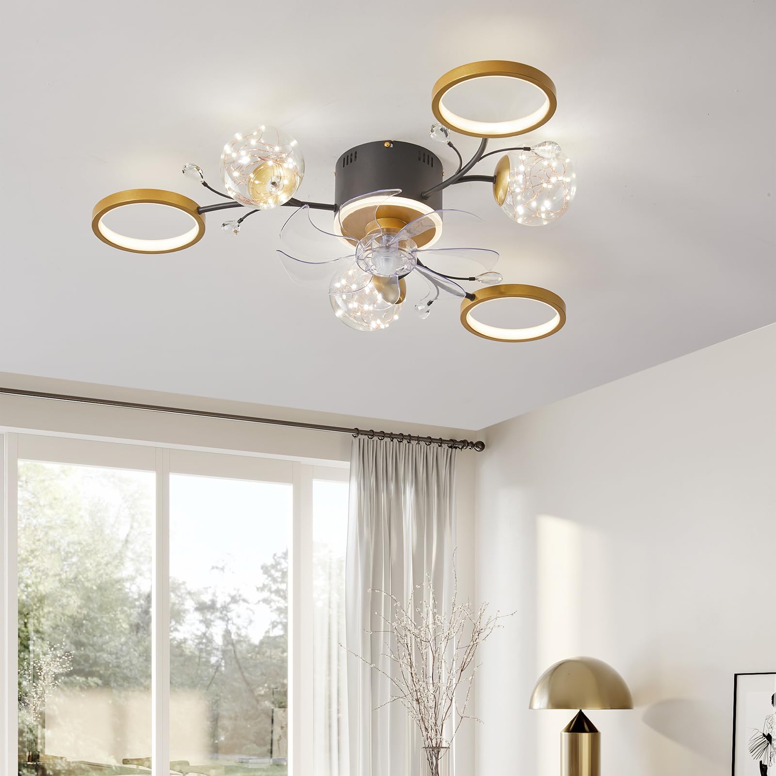 Depuley 37" Low Profile Ceiling Fan with Light, 6-Lights Flush Mount Ceiling Fan with Gold Ring and Clear Glass Globe Shade, Fandelier Fan Ceiling with Remote for Living Dining Room, 6 Speeds, Timing