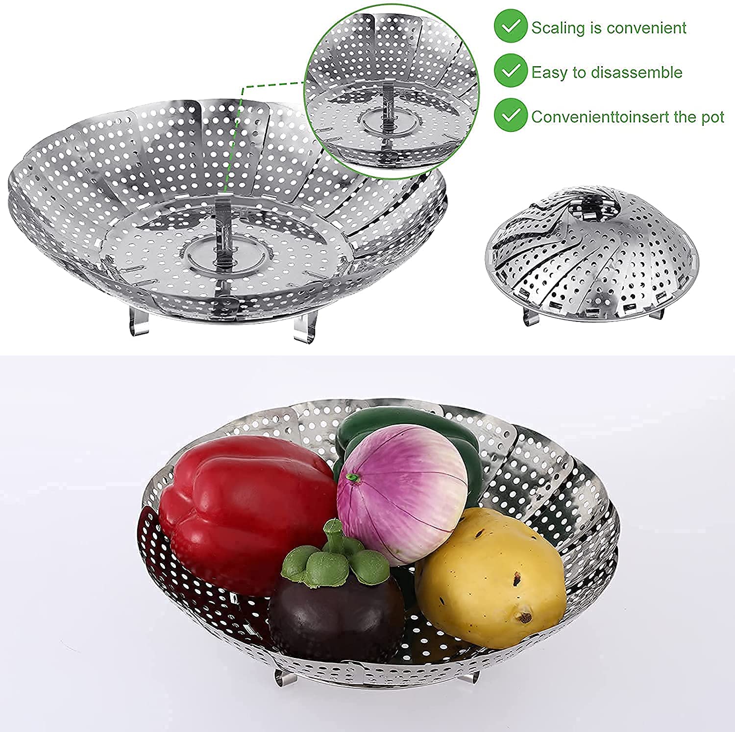 GaxQuly Stainless Steel Vegetable Fruit Steamer Punching Food Drain Bowl Basket, Steamer for Cooking Vegetables, Momos, Veggie, Fish, Seafood, Fruits, Fits Various Pot Sizes - Dishwasher Safe Fits Various Size Pot (Stainless Steel, Extra Large) 3
