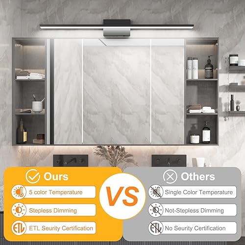 Miniatura 4 de Ralbay - Barra de luz LED de tocador de baño de 40 pulgadas, 30 W, acrílico, moderna, mate, negra, regulable de 5 temperaturas de color, accesorios