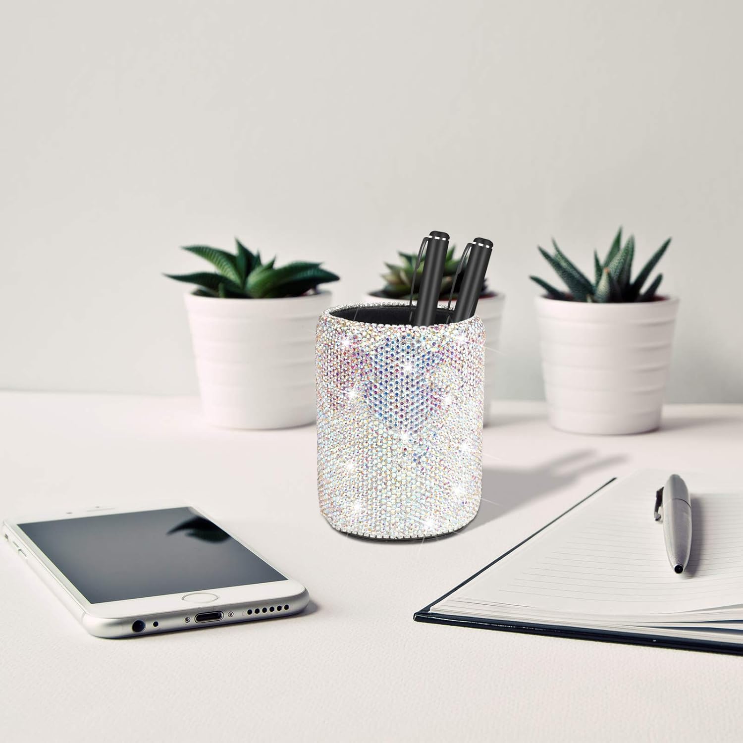 Crystal Pencil Pen Pot Holder Box Bling Rhinestone Pen Organizer Holder Cosmetic Pencil Container Comb Brushes Personalized (Round)(AB Color)