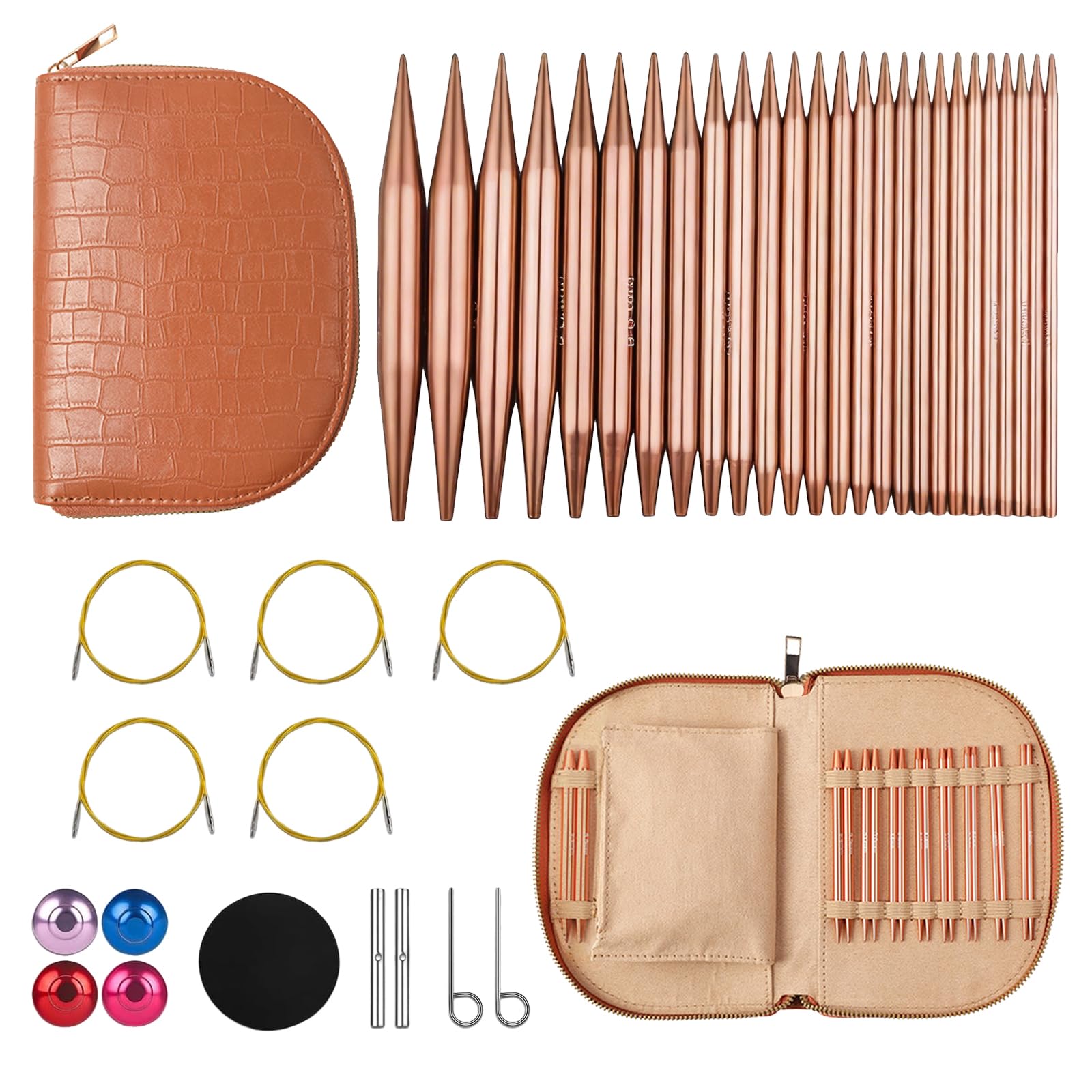 LYMIGER 13 Paar austauschbare Rundstricknadeln, 10,2 cm, Stricknadel-Set, Aluminium, 3–10 mm mit 20 cm, 40 cm, 60 cm, 80 cm, 100 cm Kabeln, Strickzubehör und Etui, Roségold