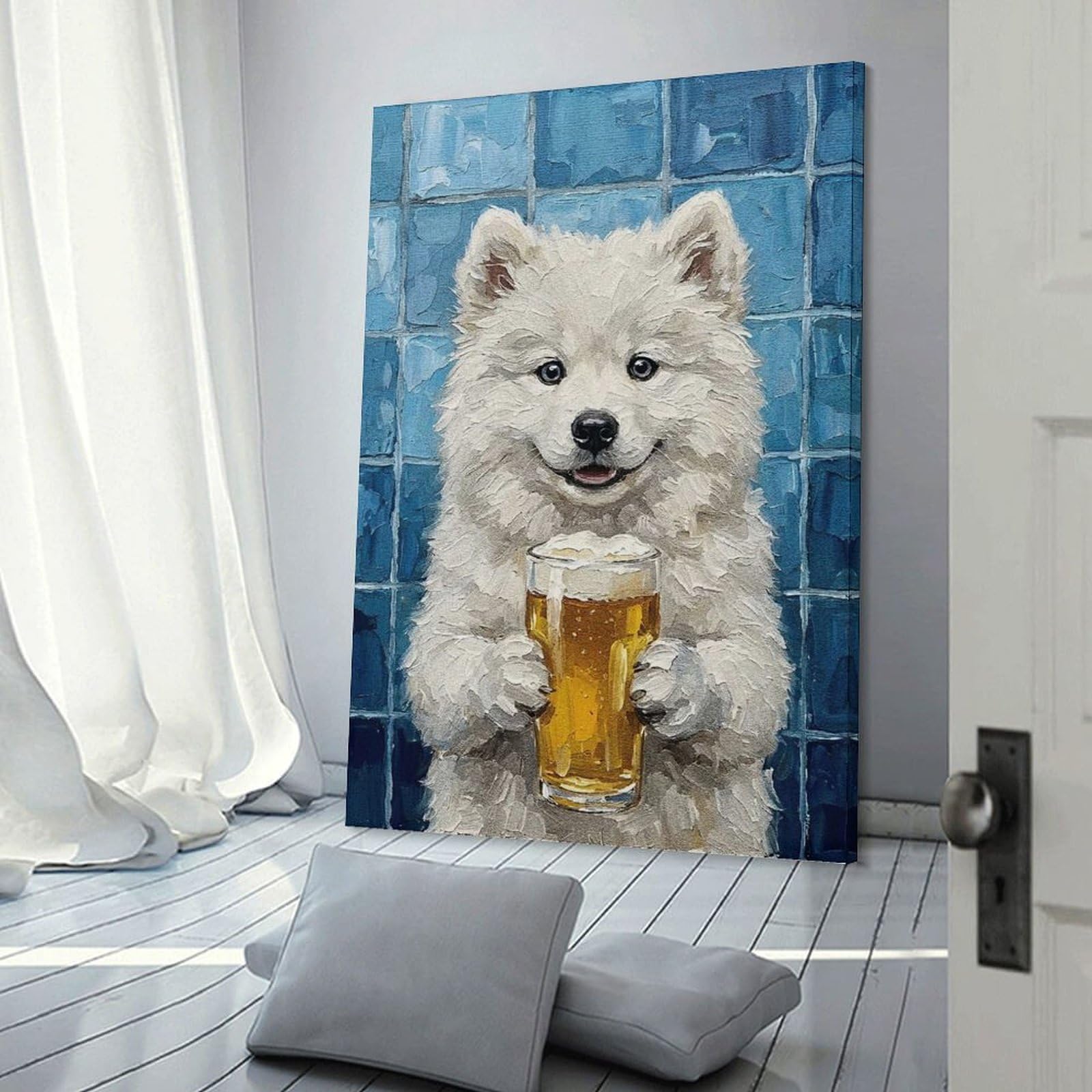 Junmoney Frame-Style-2 Dog With Beer Painting Canvas Wall Picture, 16X24inch(40X60cm), For Living Room, Bedroom Or Apartment Walls, Decorative Artwork For Empty Walls