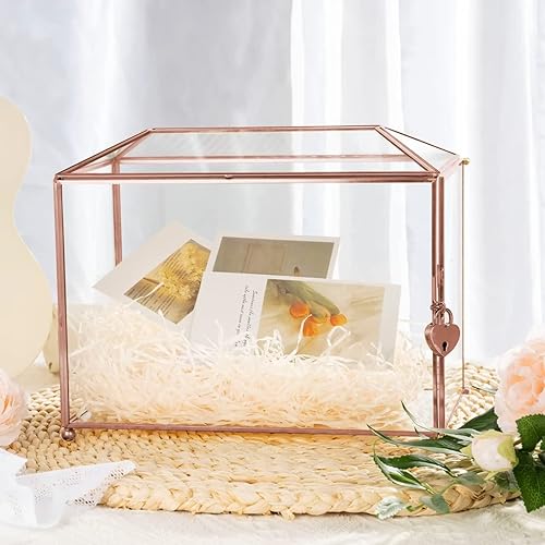 Miniatura 9 de Caja de tarjeta de cristal de 12.6 pulgadas, caja de tarjetas de boda con cerradura para recepción de boda, decoración cosmética del hogar, terrario
