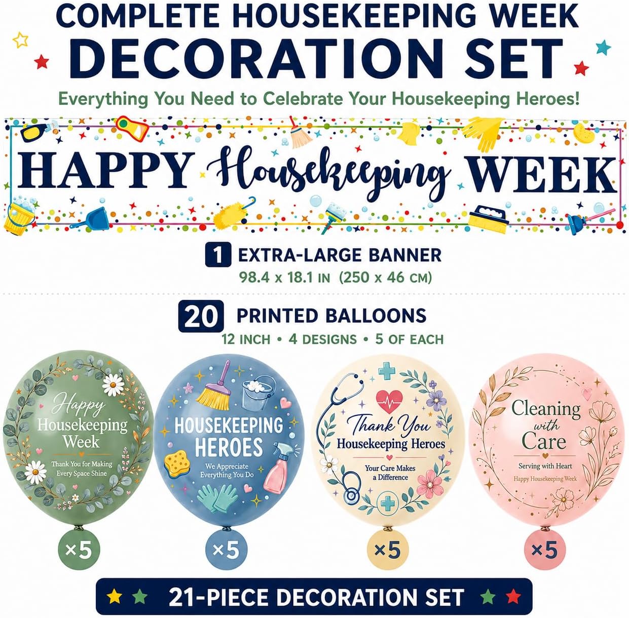 Housekeeping Week Decorations, Banner with 20 Balloons, 21-Piece Set