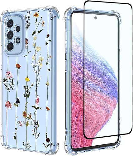 Funda para Galaxy A53 5G, Samsung A53 5G SM-A536U con protector de pantalla, funda transparente con patrones de jardín de flores, funda protectora