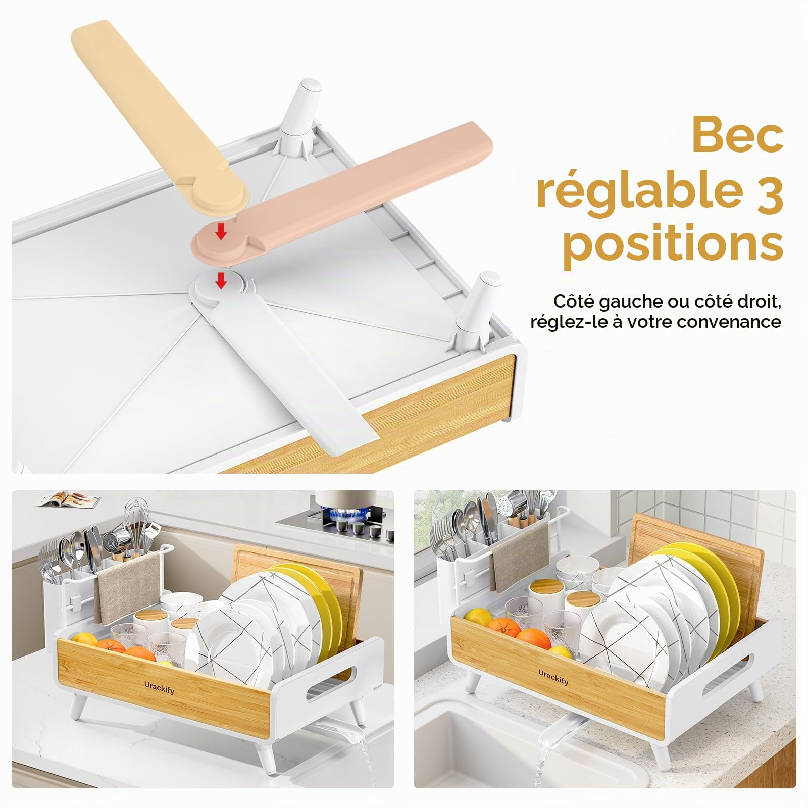 Urackify Égouttoir à Vaisselle, INOX | Acier Inoxydable et Bambou, Porte-Ustensiles Amovible, Auto-Vidange, pour Comptoir