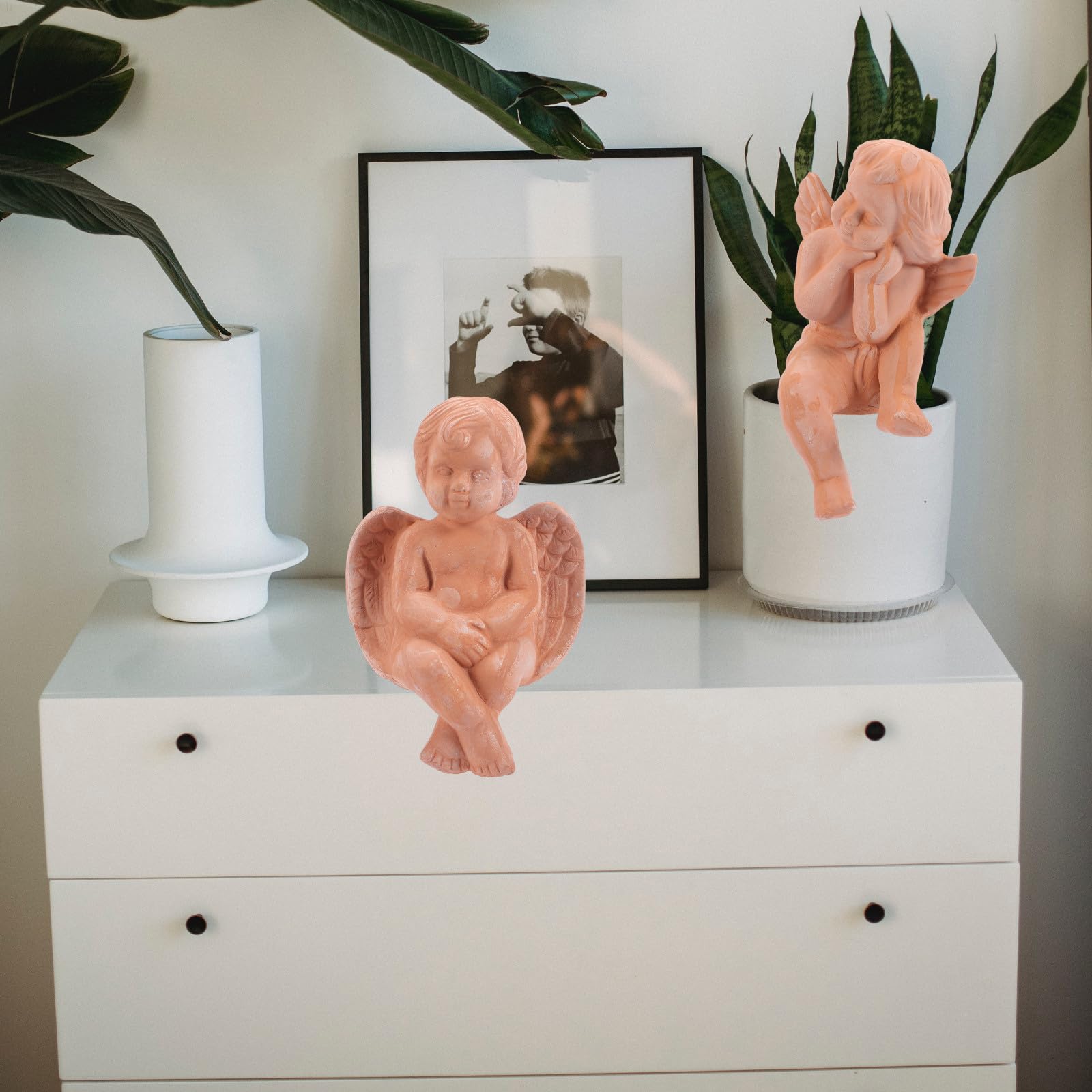 Statua di Angeli in Ceramica 2 Pezzi per Decorazione Casa e Ufficio, Scultura in Terracotta Resistente e Adorabile per Vasi e Arredamento da Tavolo