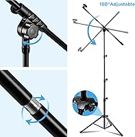 Vista 6 de Paquete de 2 soportes para micrófono, soporte de micrófono trípode Bietrun con altura de boom ajustable, con bolsa de transporte y clips