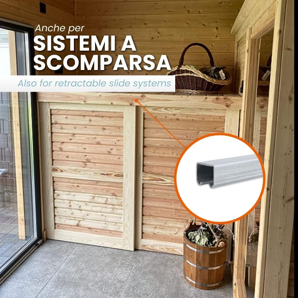TENDAGGIMANIA Rail Porte Coulissante en Fer Galvanisé + 5 Glissiers Inclus (Chaque Glissier Supporte 35 kg) - Longueur 200CM - Idéal pour Porte Coulissante - Accessoire Personnalisable
