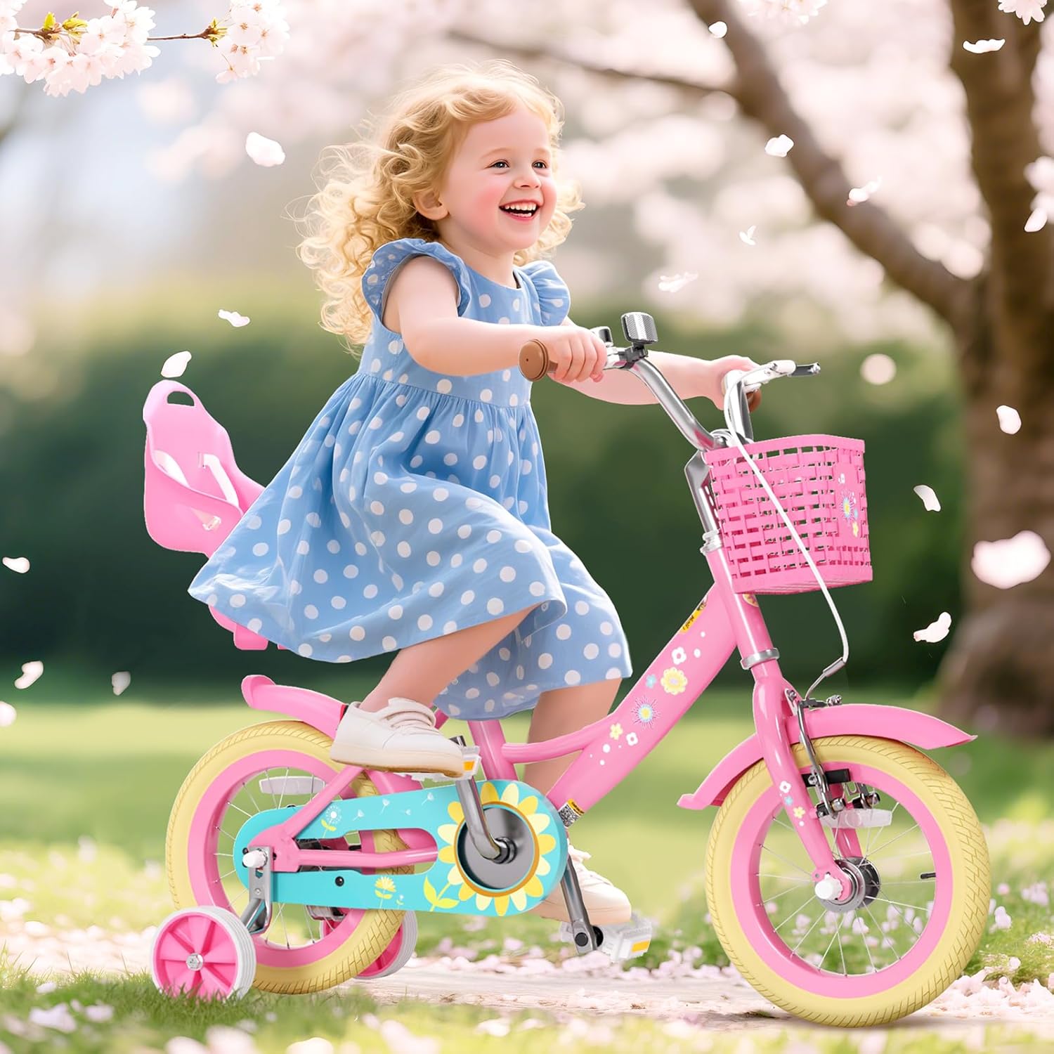 Glaf Toddler Girls Bike for Age 2-9 Years 12 14 16 Inch Girls Bike with Training Wheels and Doll Seat Kids Bike Bicycle with Basket,Adjustable Seat,Bell