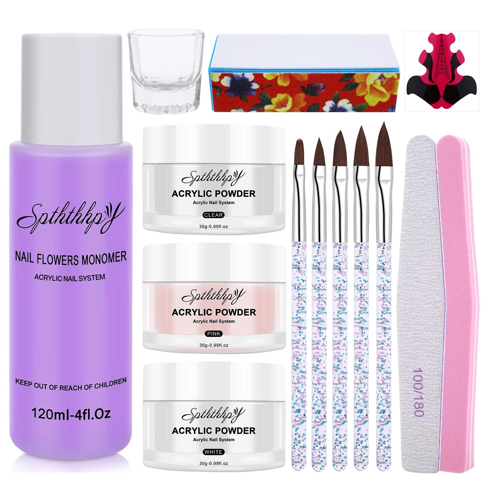 3PCS Poudre Acrylique pour Ongles SPTHTHHPY et 120ML Liquide Acrylique, Kit Vernis à Ongles Complet，Convient Aux Débutants et Aux ，Pas besoin de lampes UV
