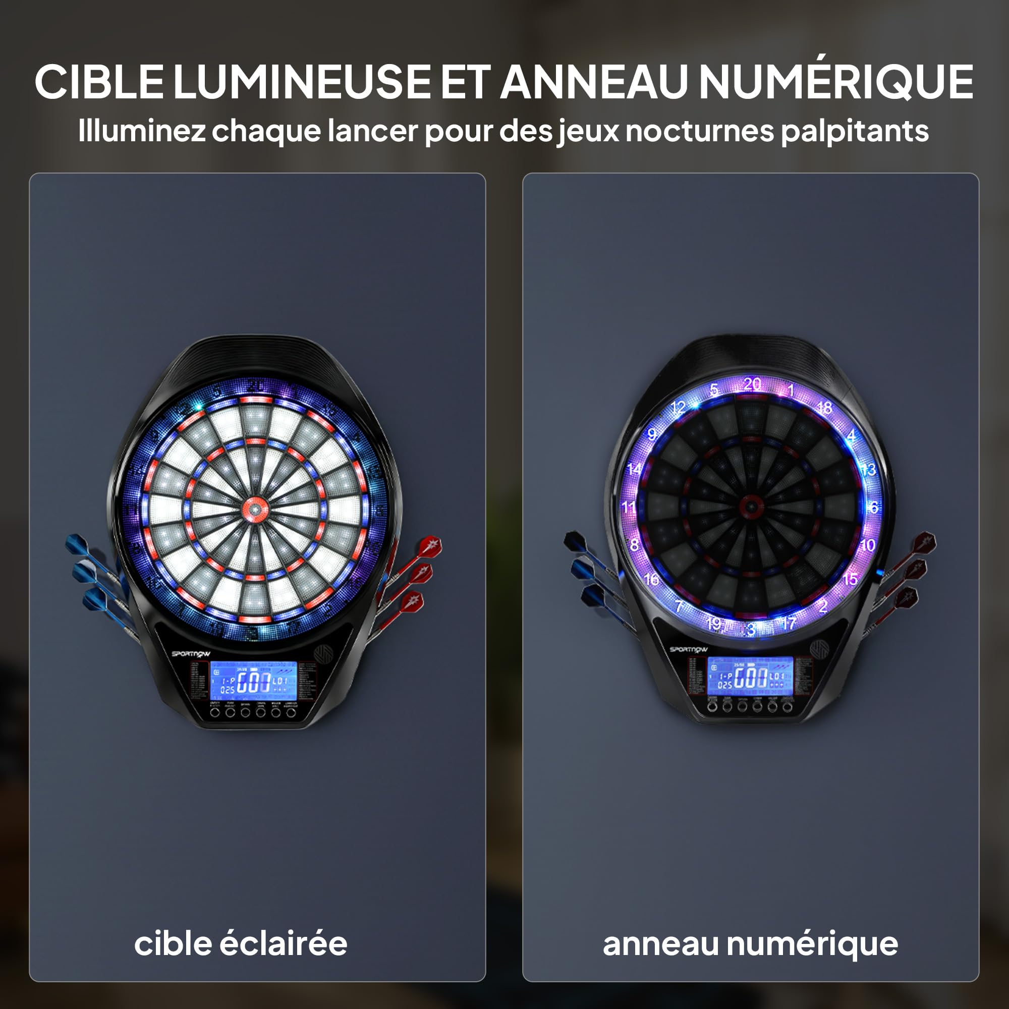 SPORTNOW Target elettronico per freccette con display LED XXL luminoso ricaricabile, set di freccette elettronico per 8 giocatori, 6 proiettili, 24 punte, 34 giochi, 2235 varianti