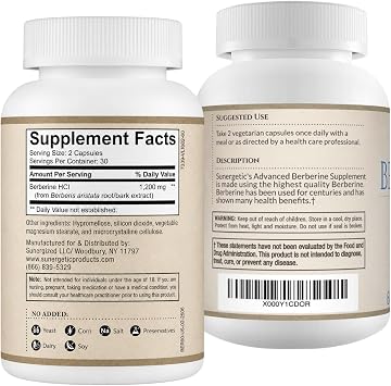 Berberine Supplement, Berberine HCl, 1,200 mg per Serving, 60 Capsules | Supports healthy glucose metabolism and metabolic wellness; 600 mg per vegetarian capsule from Berberis aristata