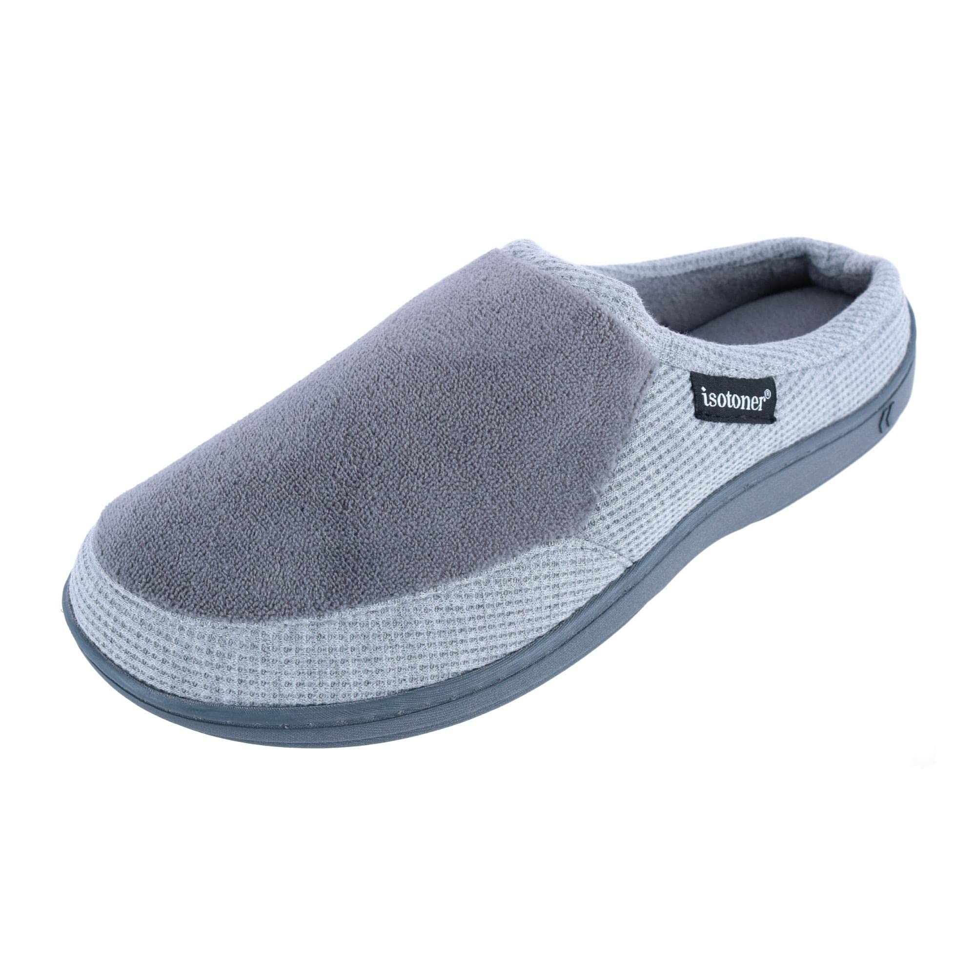 isotoner Men's Microterry and Waffle Travis Slip-on Hoodback Slipper, Ash, 12/13 UK