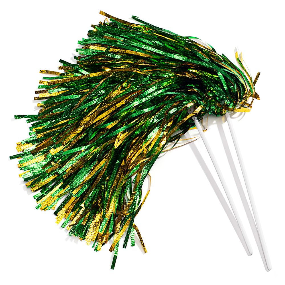 Anderson's Metallic Green and Gold Foil Textured School Spirit Shakers, Cheerleader Pom Poms, Football, Basketball, Homecoming Squad, Team, Party,