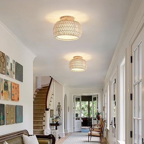 Miniatura 6 de Lámpara de techo de ratán bohemio, 3 opciones de estilo, luces de techo de mimbre semiempotradas, accesorios de luz costera blanca, candelabro de