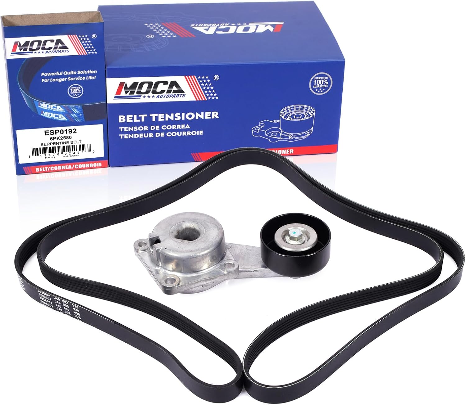 MOCA Serpentine Belt & Tensioner Compatible with 05-06 for Ford Expedition 5.4L/ Mustang 4.6L V8, 2004 for Ford F-250 4.6L/ F-350 5.4L/ Lobo 5.4L V8 GAS SOHC Naturally Aspirated