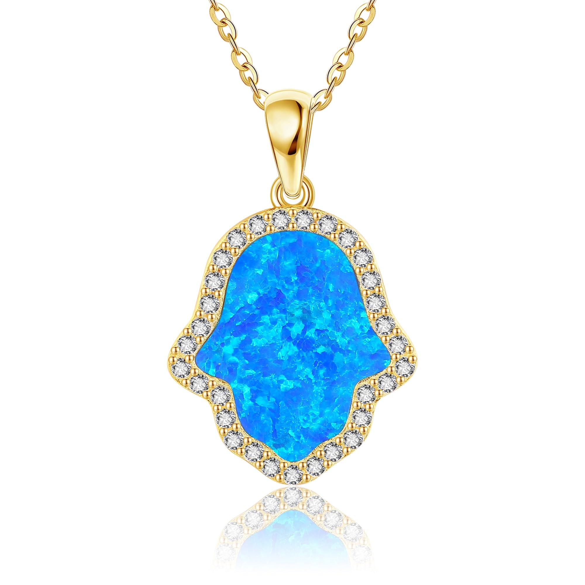 DAYLINLOVEHamsa Necklace 925 Sterling Silver Blue Opal Hand of Fatima Pendant Necklace Gold Greek Turkish Hamsa Jewelry Gifts for Women Girls Men