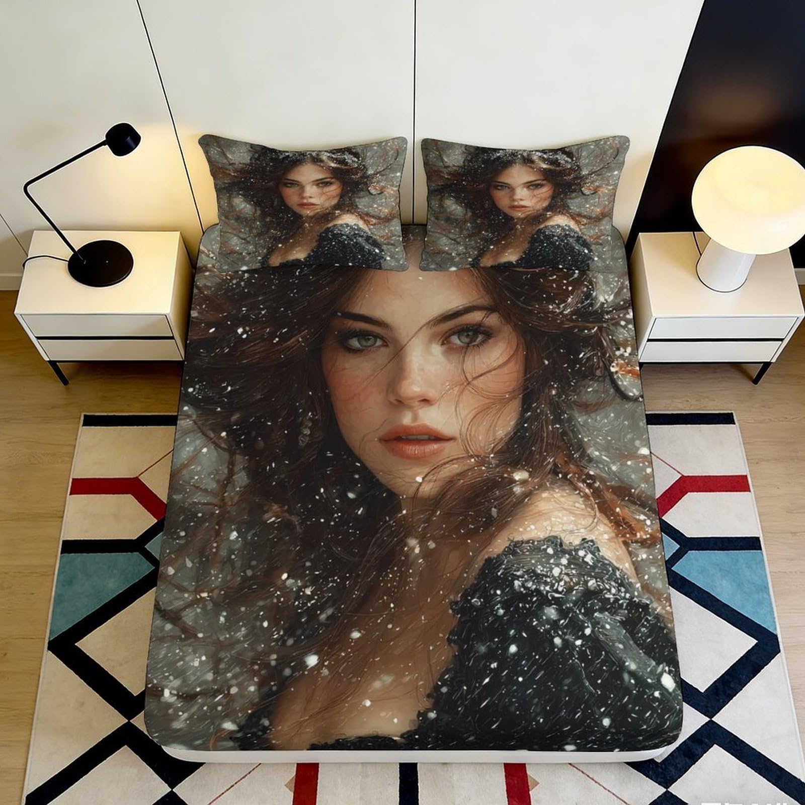 3D Printed Snowy Brunette Fitted Sheet Microfiber Mattress Cover Artistic Bed Decor for Bedroom Dorm Guest Room 90x200x25cm