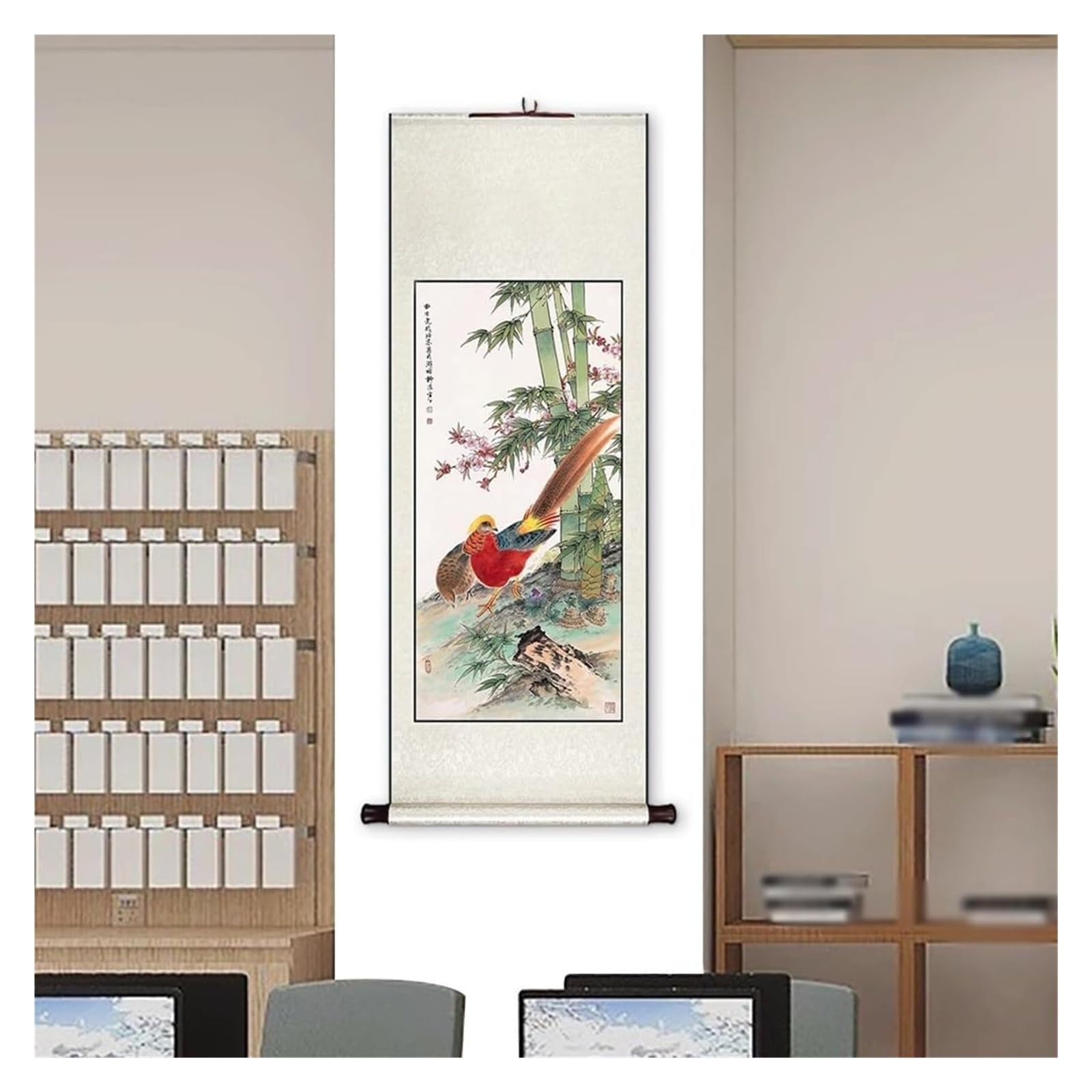 Chińskie malowidło z motywem ptaków kwiatowych, tradycyjna ręcznie robiona sztuka korytarza, wystrój sypialni Feng Shui, kolekcja prezentów świątecznych(Creamy White B,59L x 148W cm)