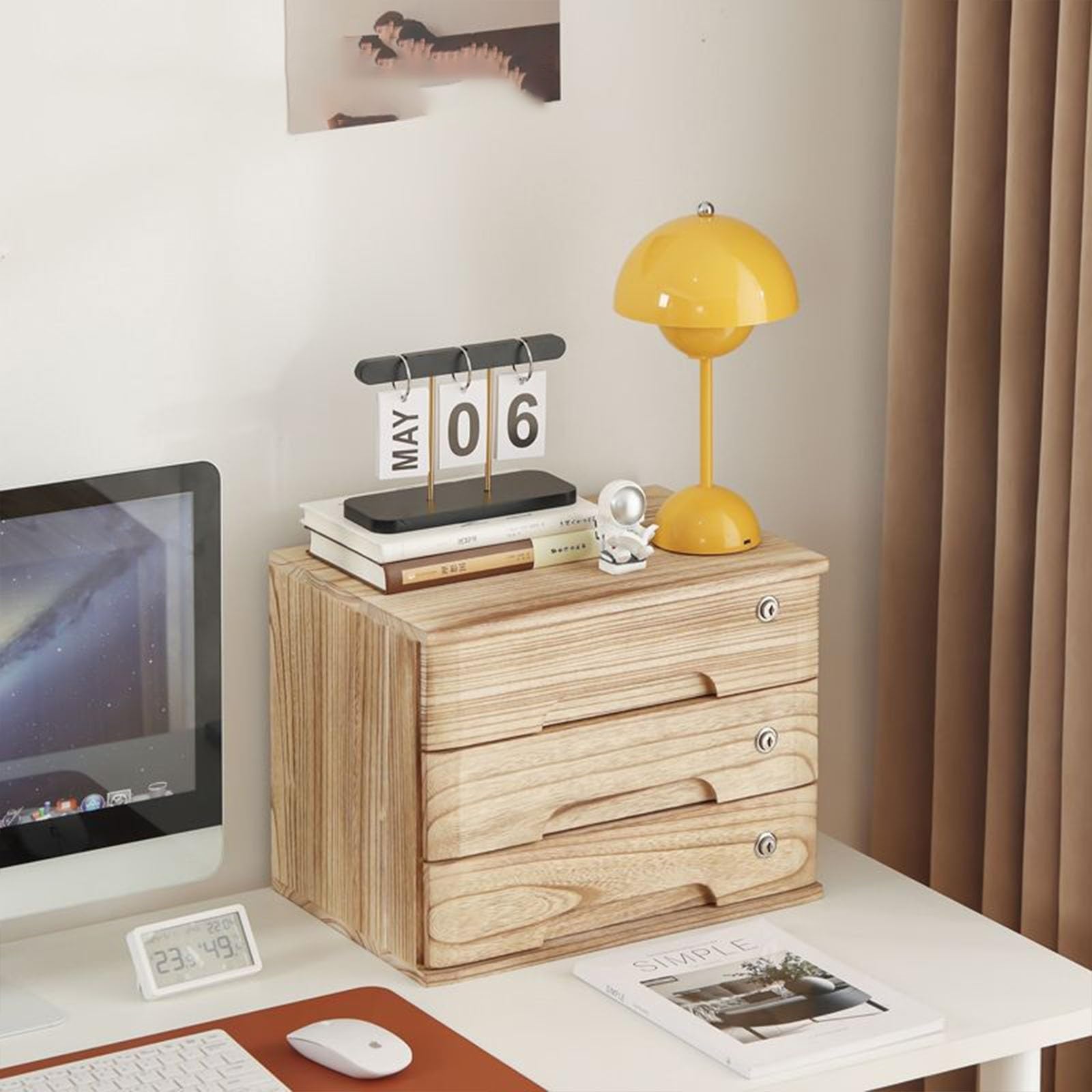 SnamicE Stylish Solid Wood Desk Storage Box With Lock,3-Tier File Cabinet For Office,Elegant Desktop With Drawers,Efficient Document Storage Solution,