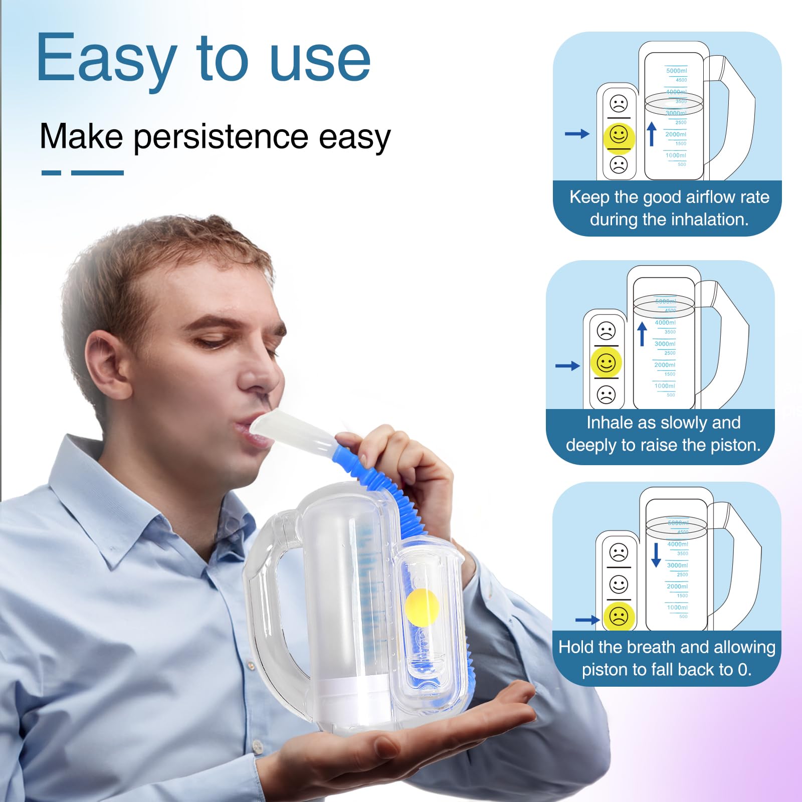 Spiromètre d'incitation pour adultes - Appareil d'exercice respiratoire pour les poumons - Entraîneur de respiration profonde pour enfants et adultes - Capacité de 5000 ml avec indicateur de débit