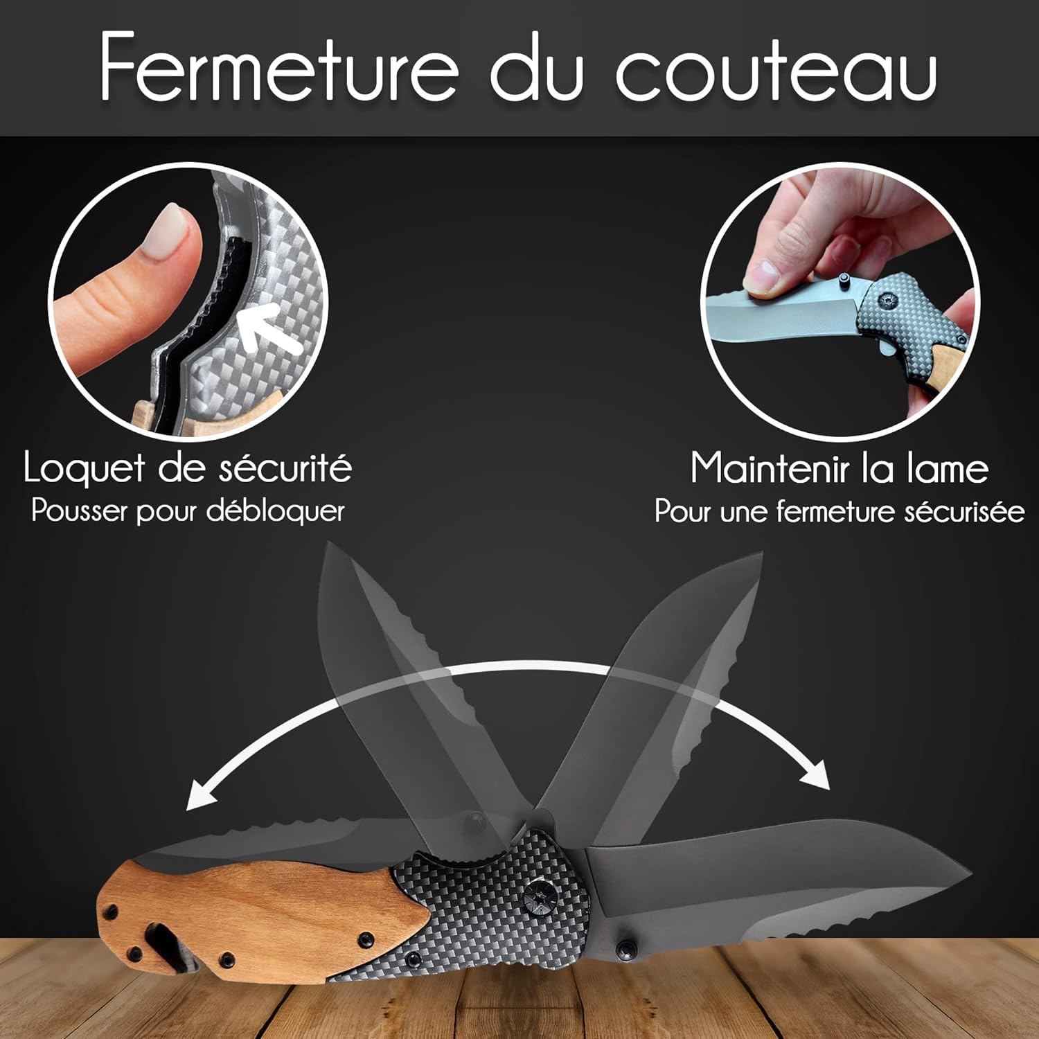 Couteau de survie personnalisé gravé avec prénom - Lame sécurité personnalisable - Manche en bois - Effet carbone - Cadeau Saint-Valentin homme