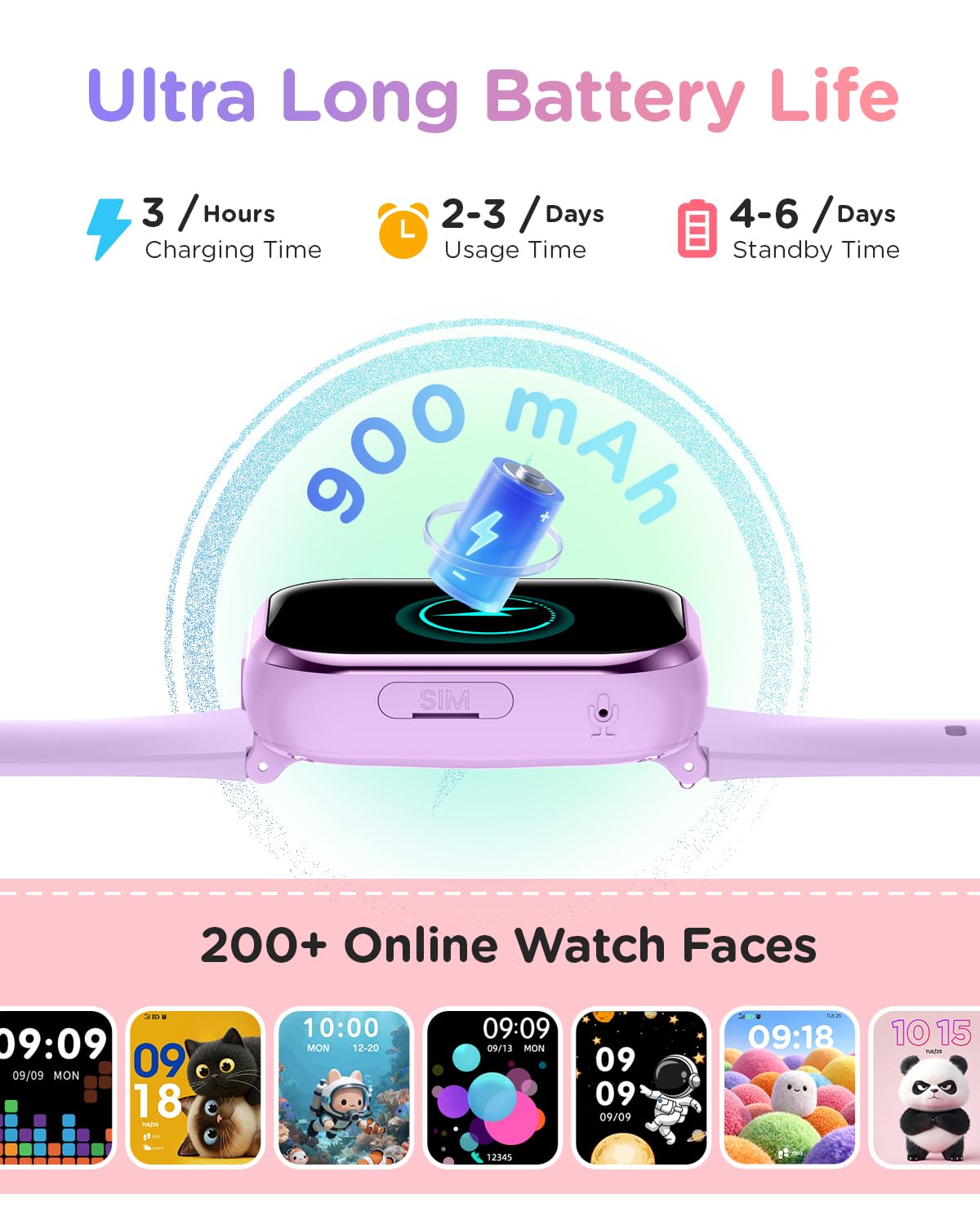 4G Reloj Inteligente Niña, 1.83'' HD Smartwatch Niñas con GPS y Llamadas, Videollamadas, Chat de Voz, Modo Escuela, Doble Cámara, Monitor de Sueño, Podómetro, Despertador IP68 para Niñas Niños Púrpura — view 6