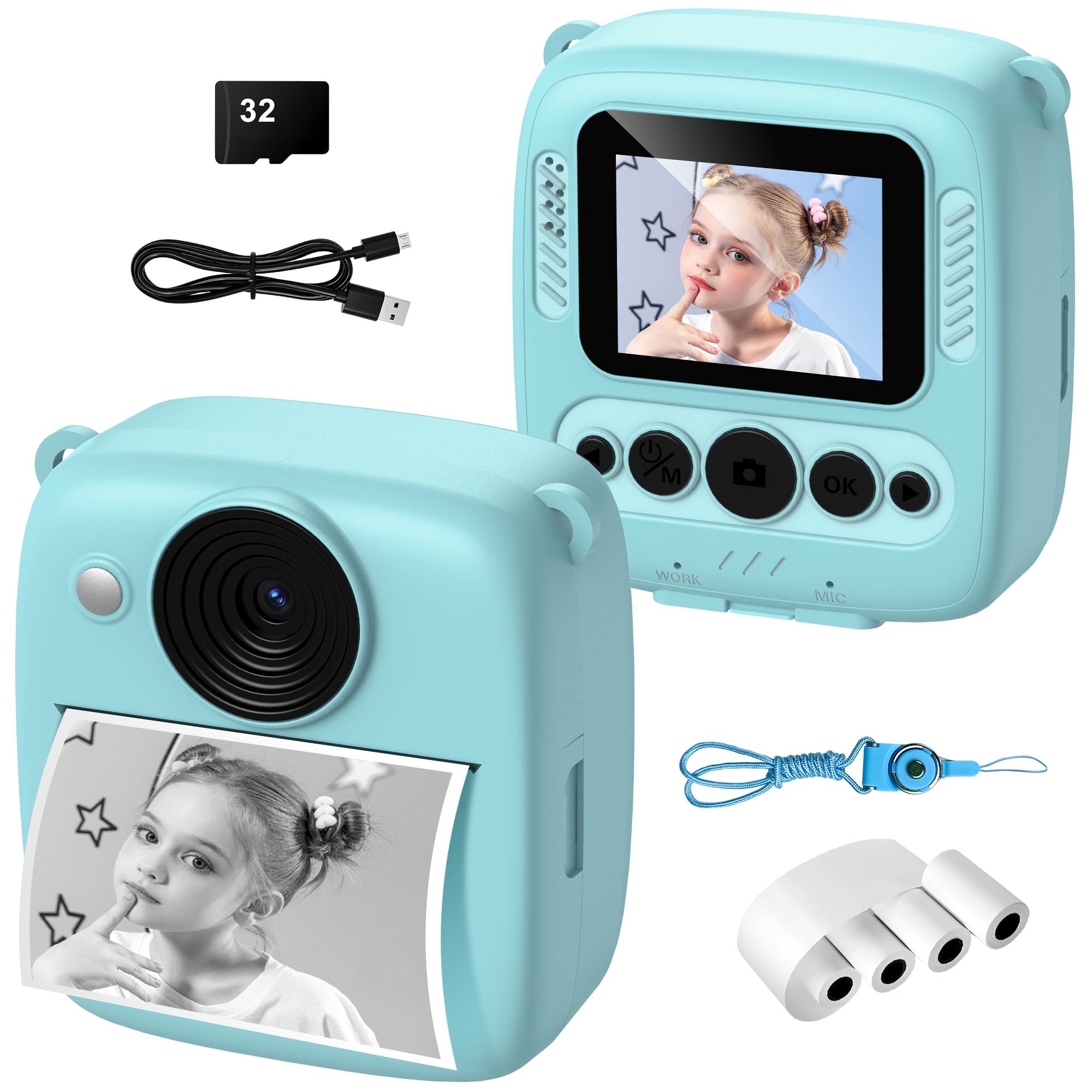 Sofortbildkamera 48MP 1080P Digitalkamera mit Karte & 4 Bände Druckpapier Geschenke für Kinder 3-12 Jahre